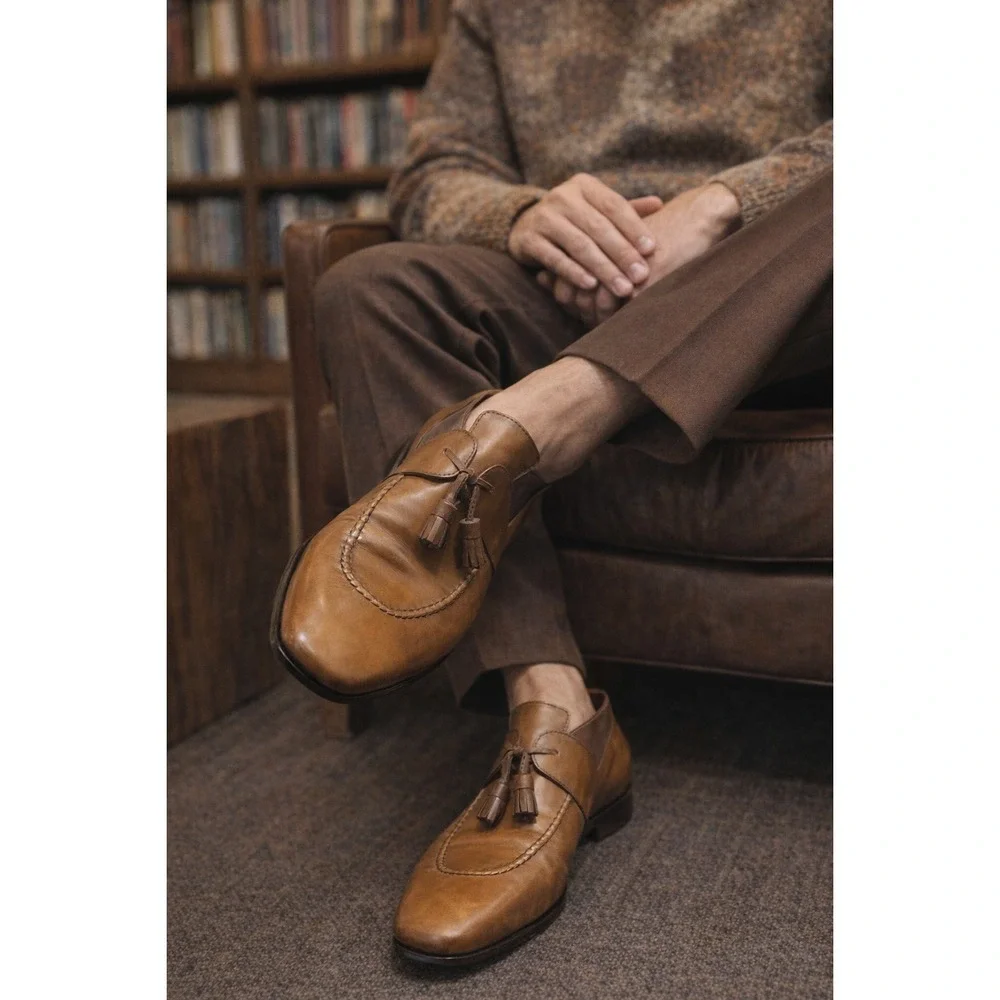 RL Rosetti Made In Italy For Battaglia Men‎ OLIVE BROWN Tassel Tie Shoe Boot 8.5